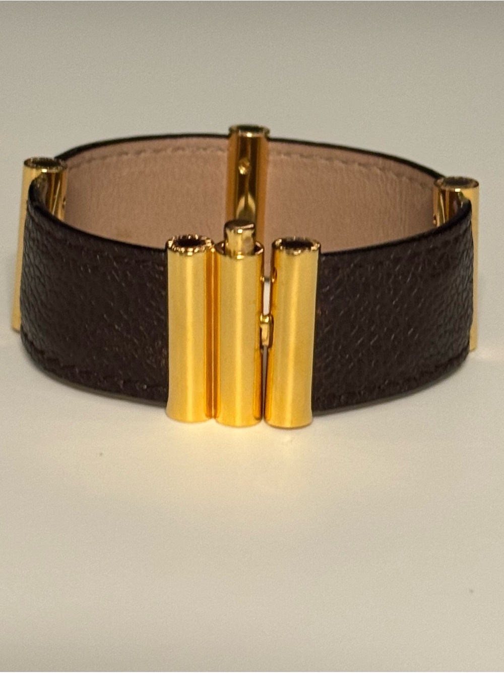 Authentic BVLGARI Leather & Gold-Plated Cuff Bracelet